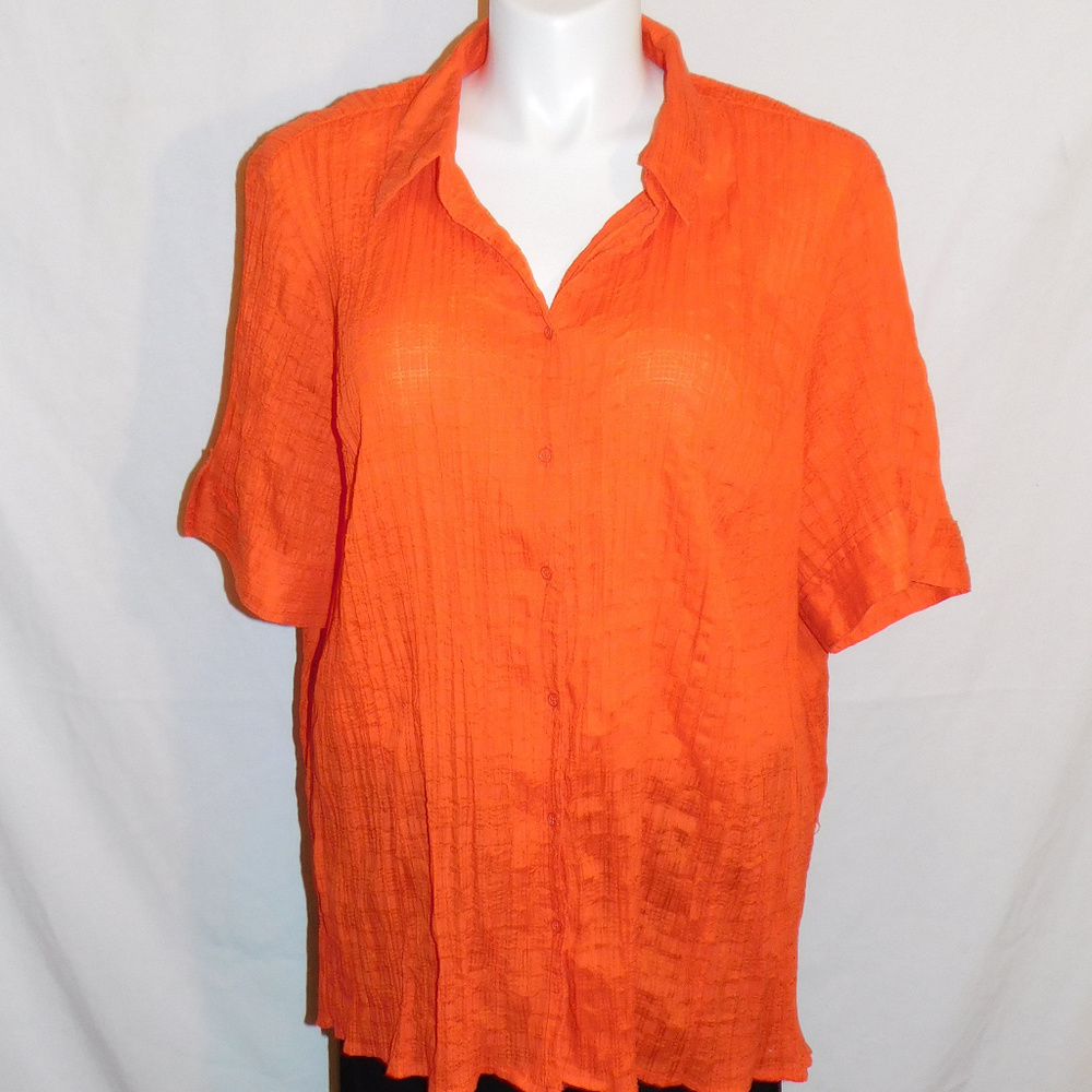 3X Liz & Me Orange Button Up Woven Crinkle Top EUC